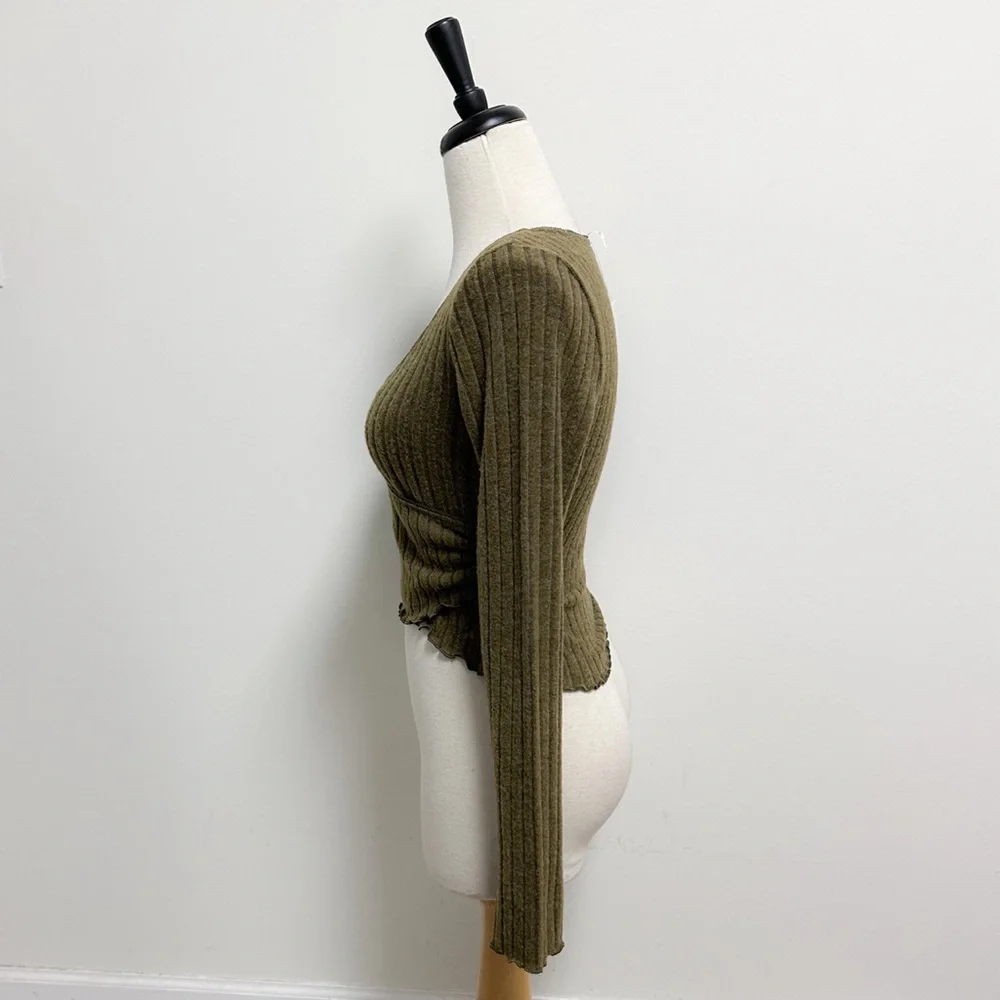 Out From Under Olive Green Lila Ribbed Faux Wrap Brushed V Neck Lounge Top NWT